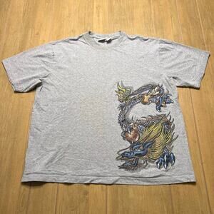 Vintage Y2K Utility Brand Blue Dragon Graphic Gray T Shirt Large boxy Fit baggy